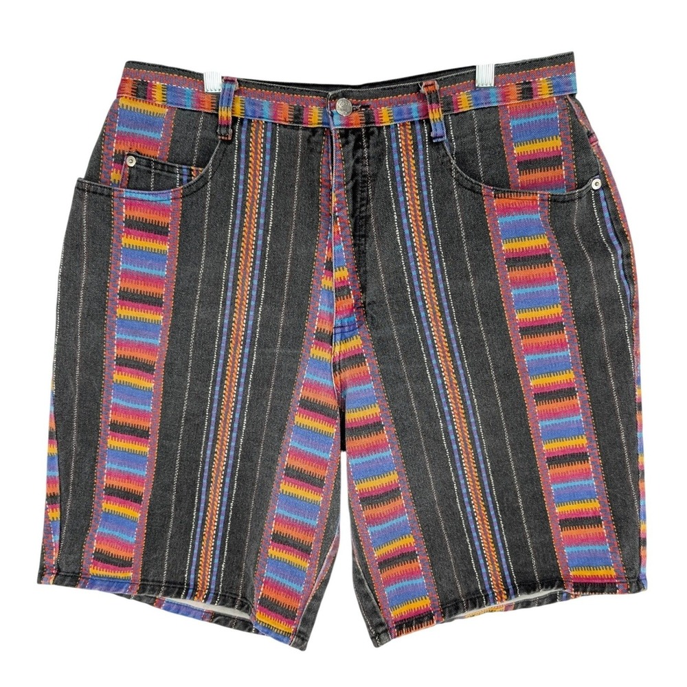 Vintage 90s Southwestern Striped Denim Shorts 32/18 Black Multi High Rise Boho